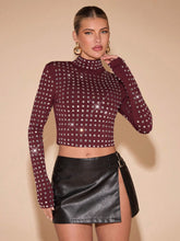 Women's Fashion Rhinestone Decor Stand Collar Cropped T-Shirt